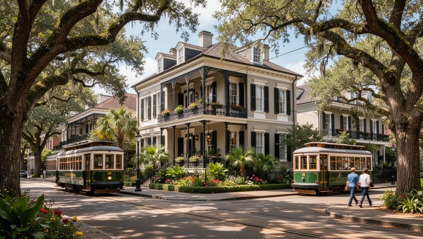Grand historic mansions with balconies line lush oak-lined streets and gardens in New Orleans' Garden District, featuring a passing streetcar in a bright daytime realistic photo.