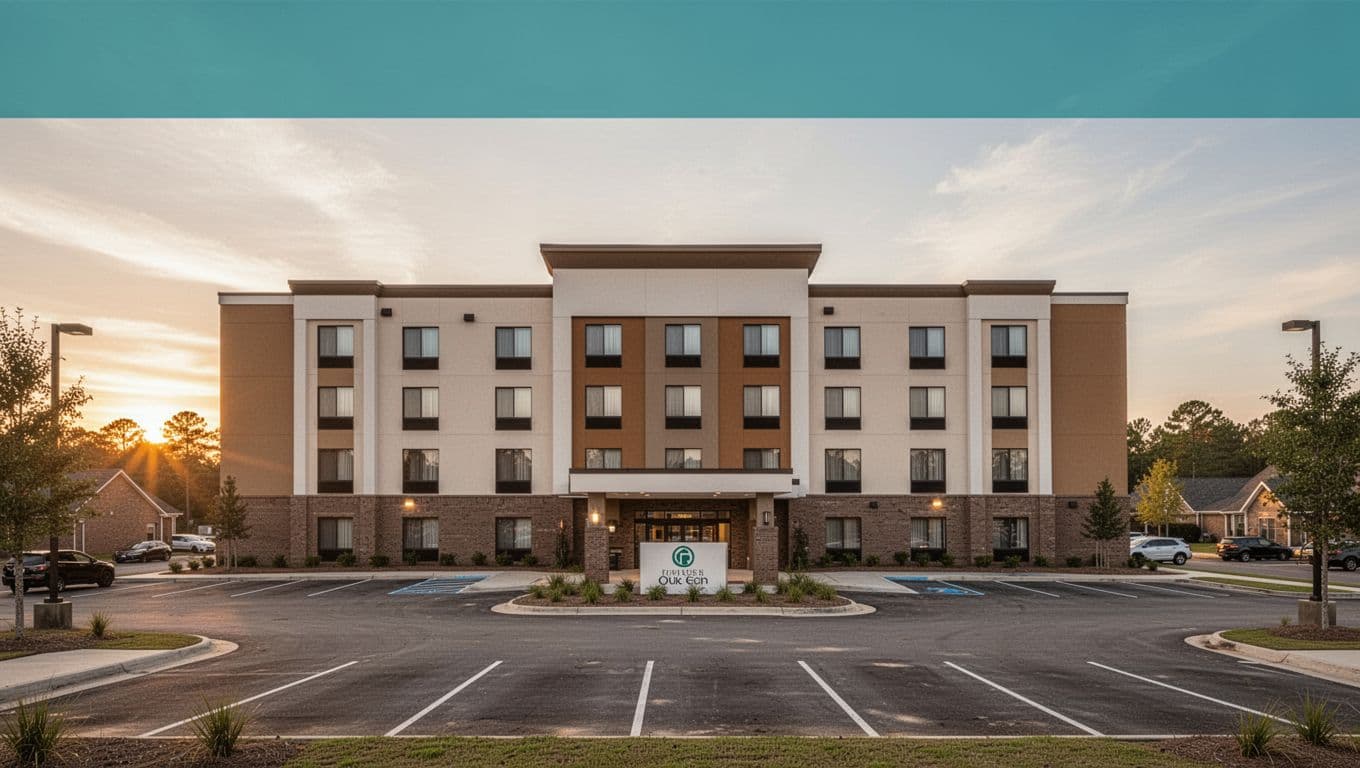 Clean modern hotel exterior in suburban Alabama during golden hour sunset, featuring one focal building with parking lot and entrance sign, topped with a 'Gardendale Hotels' headline band.