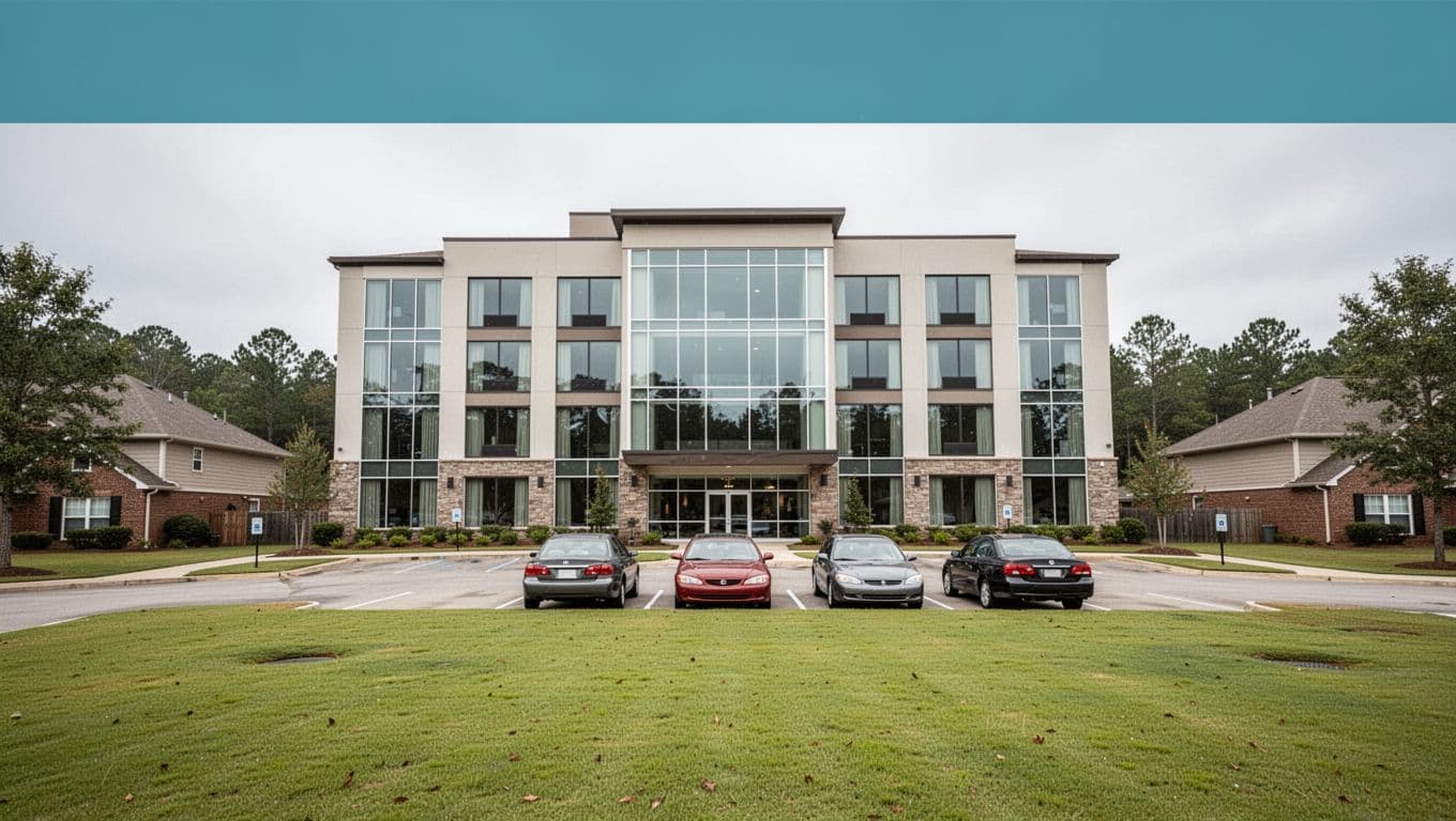 Clean modern three-story hotel facade in suburban Alabama with large windows, foreground parking lot, green lawn, and 'Prime Hotels' branding on a green header band under overcast daylight.