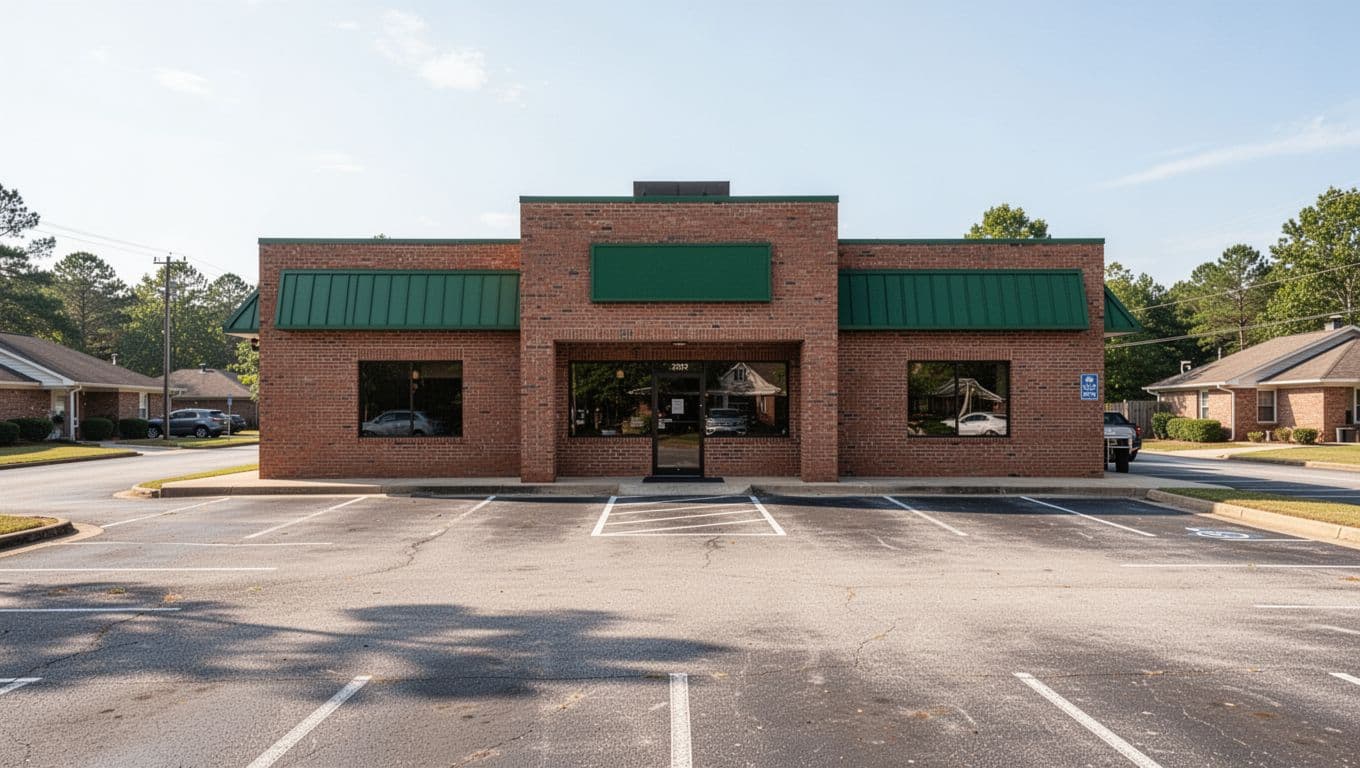 Outdoor daylight view of Gardendale Eats barbecue restaurant building in suburban Alabama, centered on facade with parking lot and sign, realistic photo style with bold green headline band.