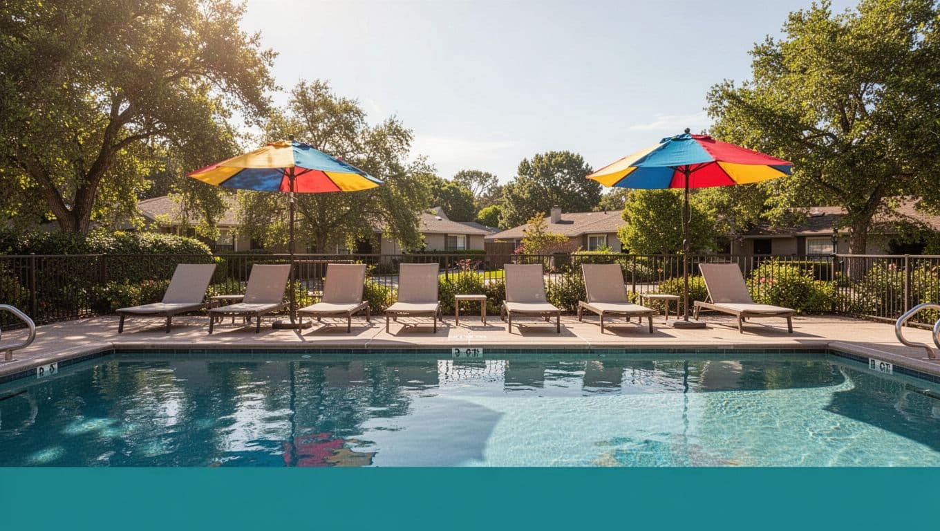 Sunny outdoor hotel pool deck in Gardendale, Alabama, with clear blue water, six lounge chairs, two colorful umbrellas, lush green trees, and suburban backdrop. Features a top green band with 'Relax Pools' title in bold sans-serif font, photorealistic wide landscape from poolside low angle.