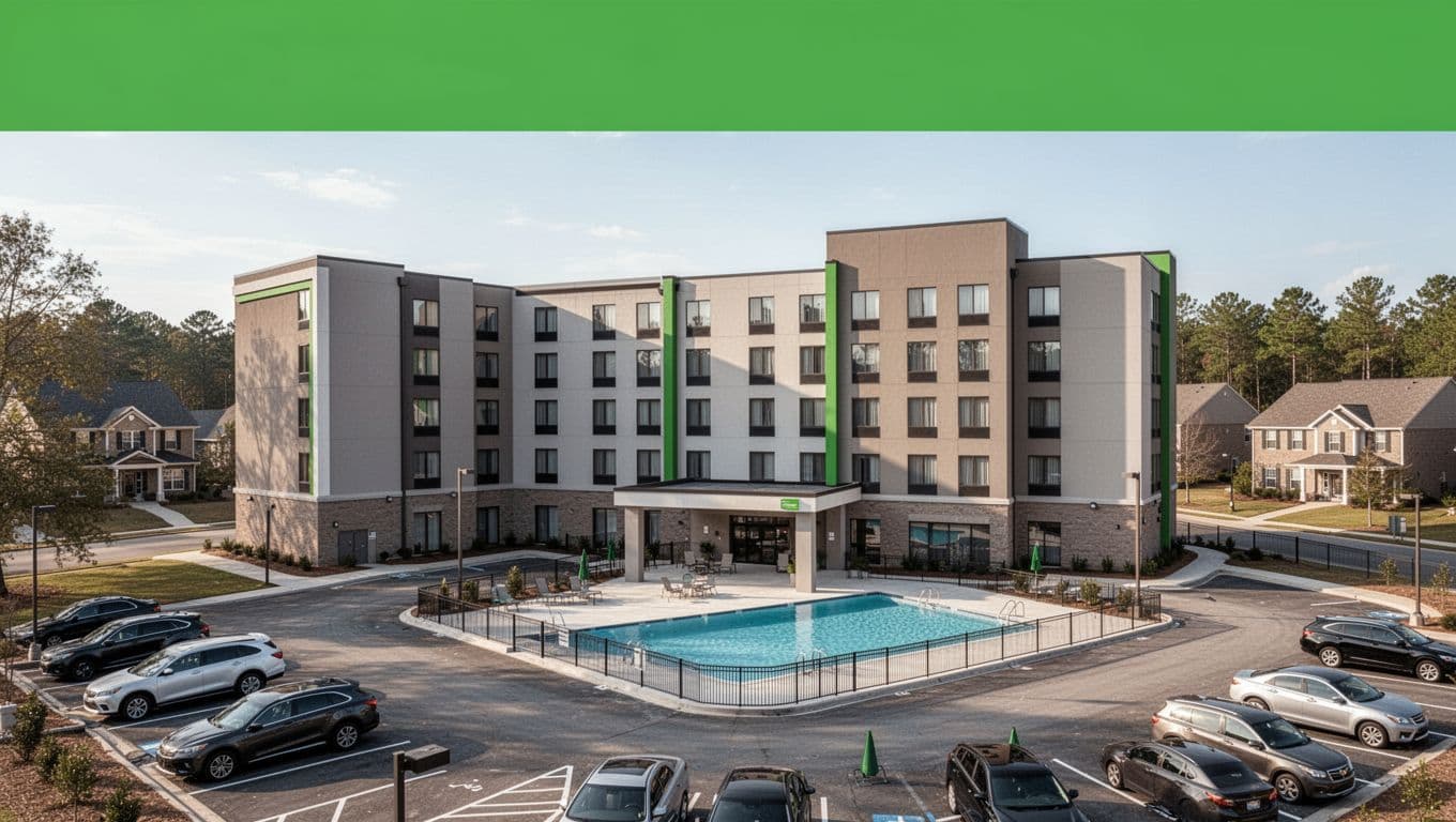 Bold 'Gardendale Hotels' headline on emerald green band above a clean, wide-angle view of a modern suburban hotel in Alabama featuring an outdoor pool, parked cars, and welcoming entrance sign under natural daylight.