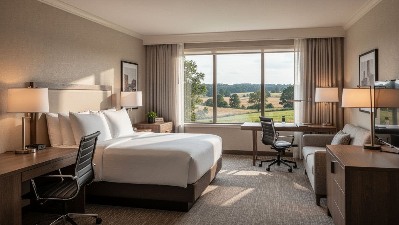 Cozy modern hotel room with king bed, work desk, sofa, Alabama countryside window view, soft lamp light, green top band with 'Room Comfort' headline.