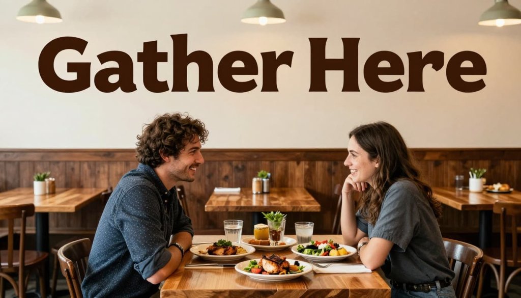 Cozy small-town American dining room at Gather Restaurant in Mobile, Alabama, with warm wooden tables set