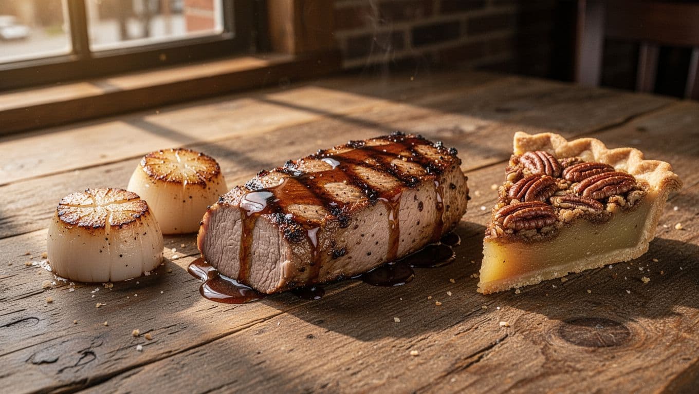 Close-up of grilled pork tenderloin, seared scallops, and pecan pie on rustic wooden table below green 'Gather Standout' header band.