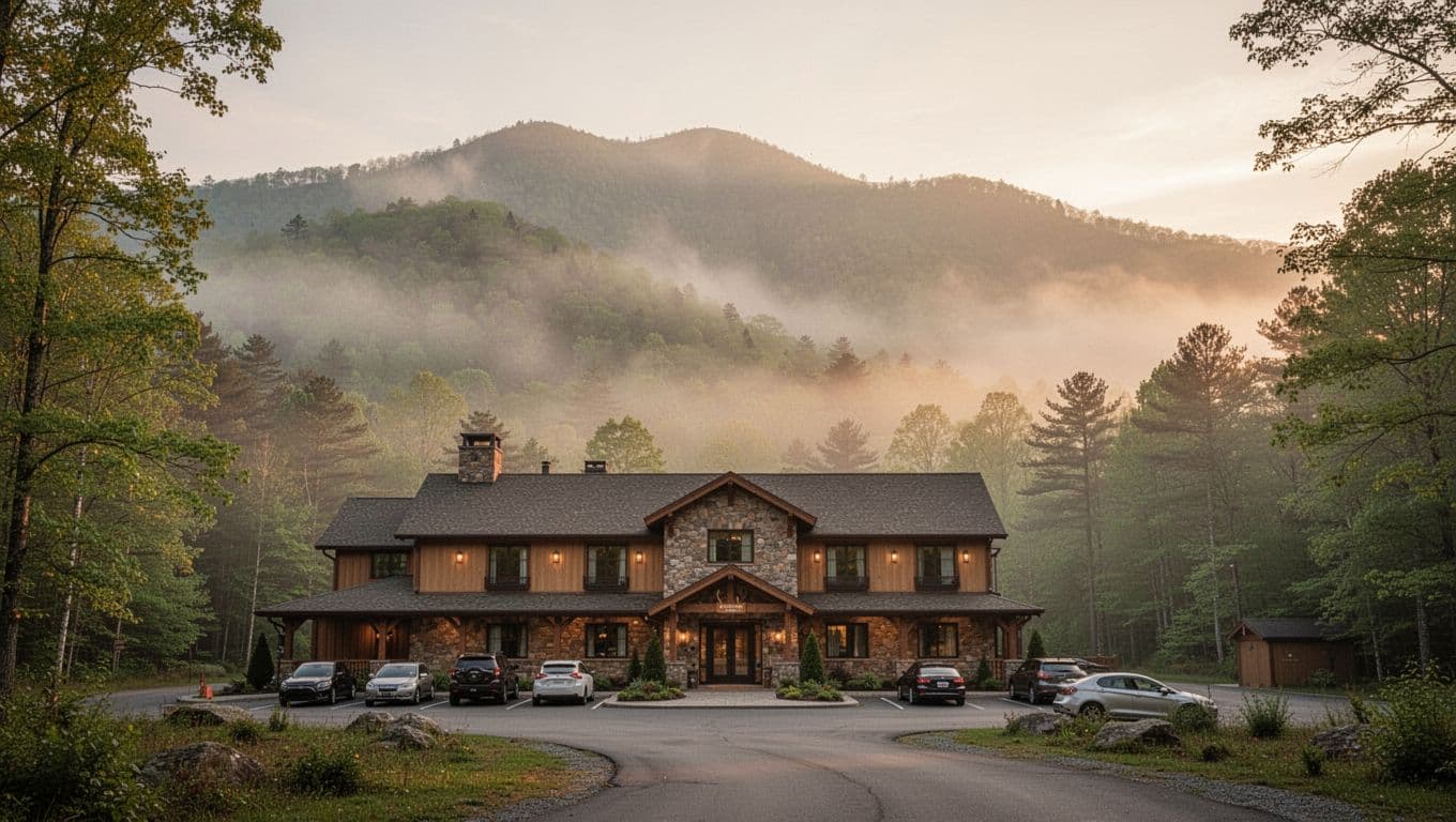 Dawn landscape of Great Smoky Mountains National Park entrance near a cozy Gatlinburg hotel facade, misty mountains in background, soft natural morning light, photorealistic with bold 'Park Access' headline.