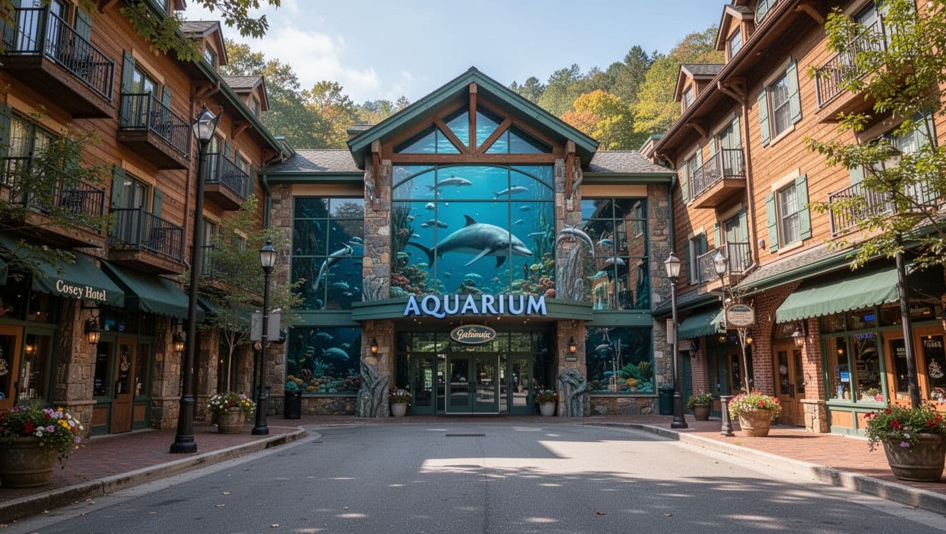 Scenic downtown Gatlinburg street view with Ripley's Aquarium entrance in the background and cozy hotel facade nearby, featuring a top green band with 'Aquarium Hotels' headline.