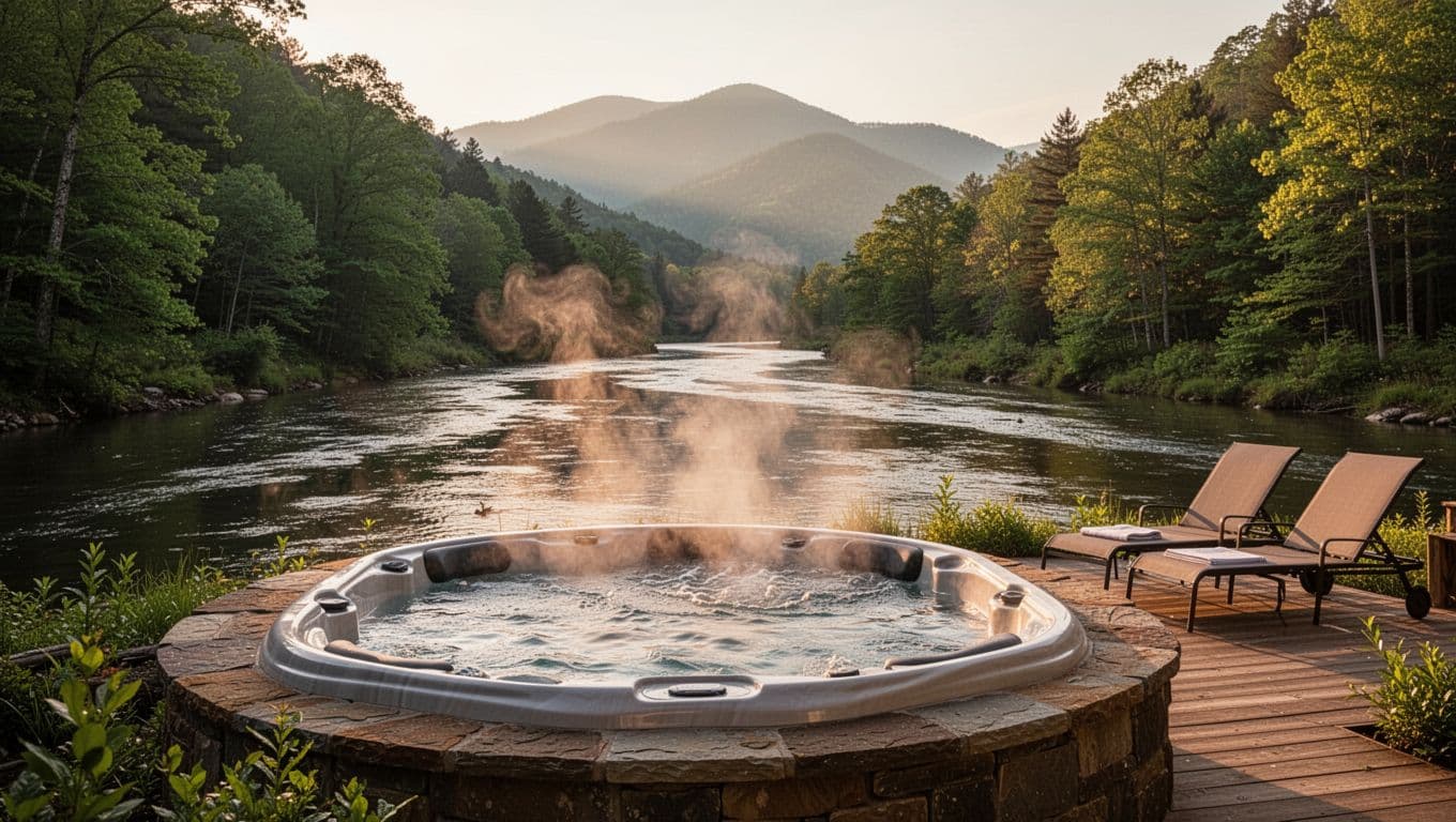 Outdoor hot tub at Riverhouse at the Park in Gatlinburg overlooking the river and Smoky Mountains, steam rising from the water, lounge chairs nearby, forested backdrop at sunset with warm golden hour light and relaxed vibe.