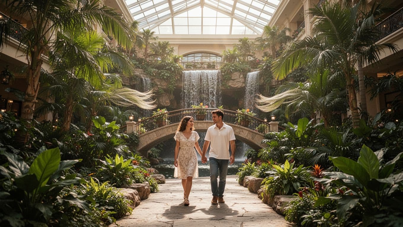 Vibrant interior atrium of Gaylord Opryland Resort with lush indoor gardens, waterfalls, pathways, and a romantic couple walking hand-in-hand under a glass ceiling amid tropical plants and a bridge.