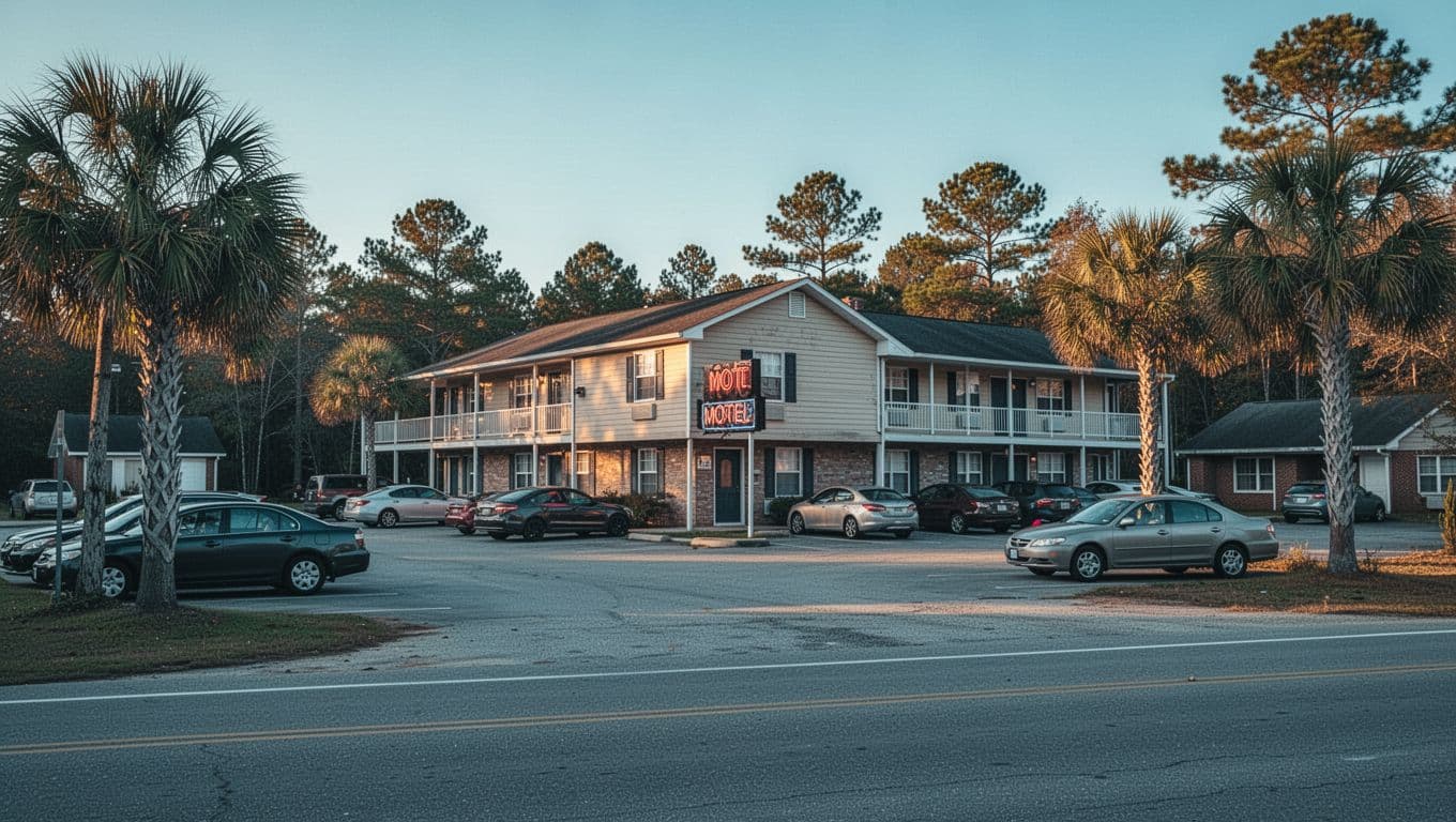 Wide-angle exterior of a cozy two-story roadside motel in a small Alabama town like Geneva, with neon sign off, parked cars, palm trees and pines, in evening golden hour light. Features bold 'Stay Options' headline in geometric sans-serif font on a green band at the top, cool blue-green tones, and natural warm lighting.
