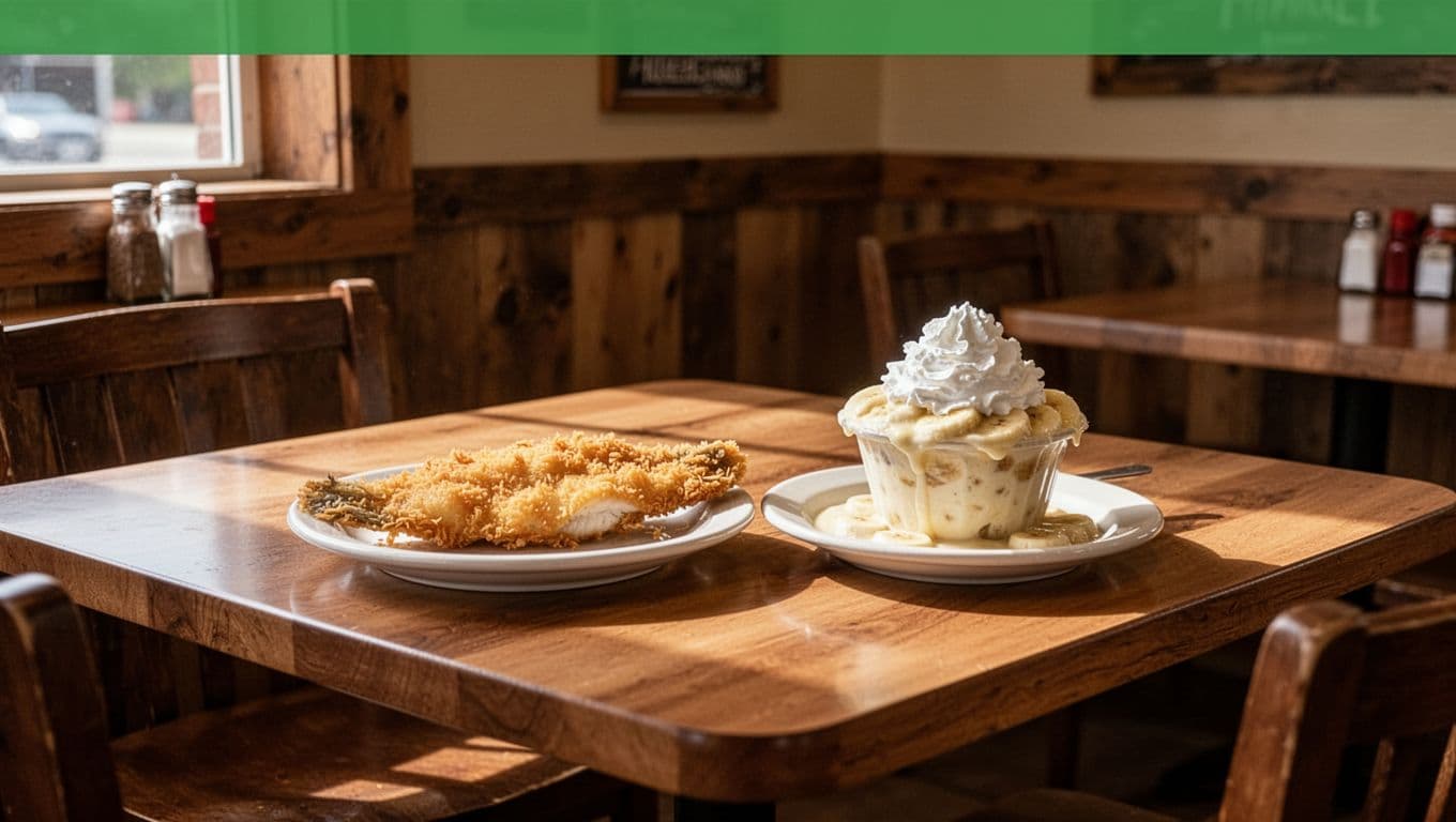 Cozy wooden diner table with fried fish and banana pudding plates below green 'Geneva Eats' header band.