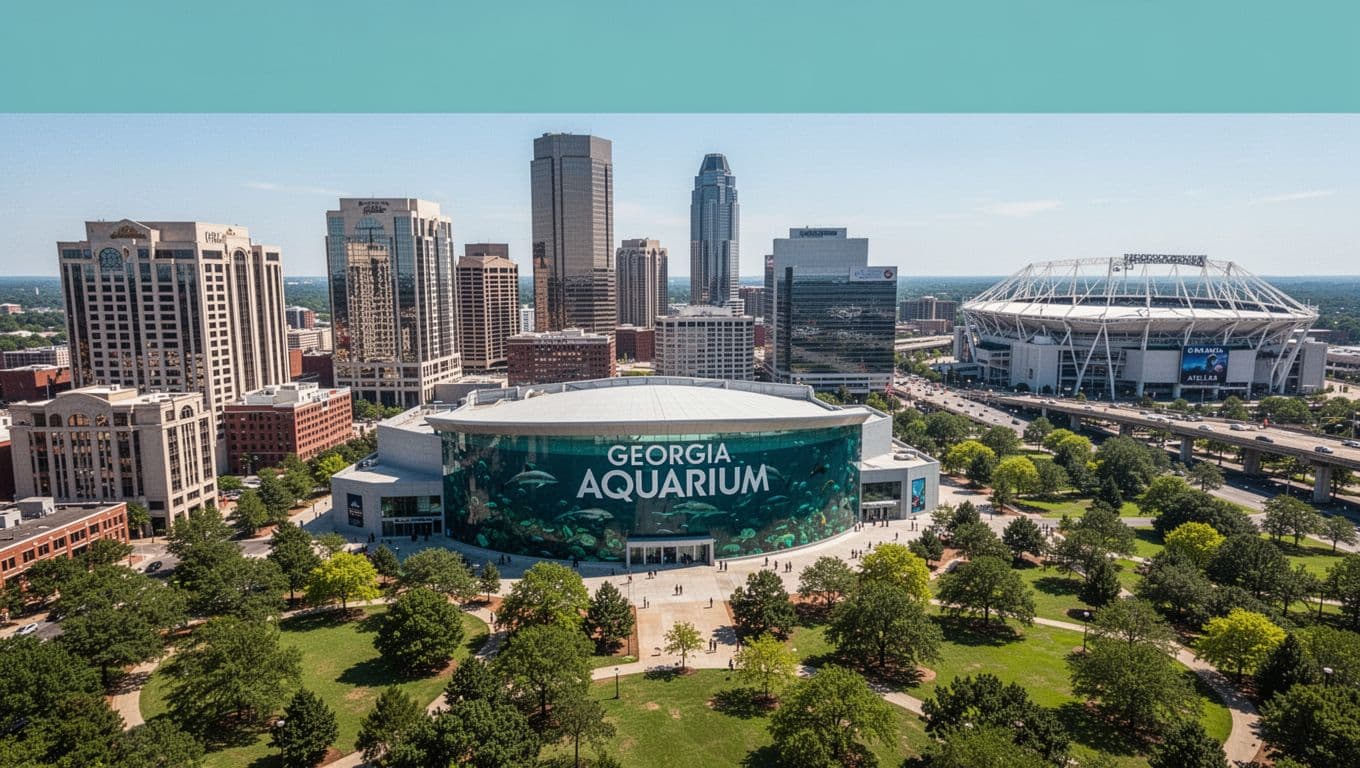 Aerial landscape view of Georgia Aquarium, surrounding hotels, Centennial Olympic Park, high-rises, and stadium in vibrant downtown Atlanta skyline on a sunny day.