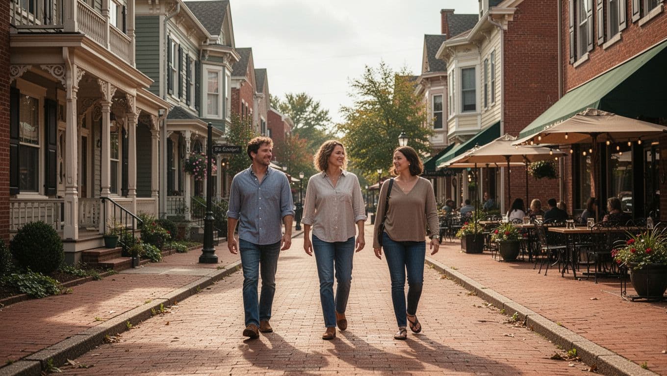 Historic Germantown Nashville depicts couples walking on brick sidewalks lined with Victorian buildings and open cafes in a sunny afternoon, capturing the walkable charm of this residential-commercial mix.