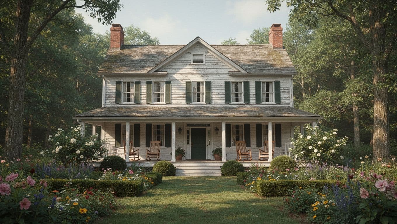 Charming historic inn exterior with vibrant flower gardens, rocking chairs on the porch, and wooded surroundings in soft daylight, realistic photo style focusing on the main building.