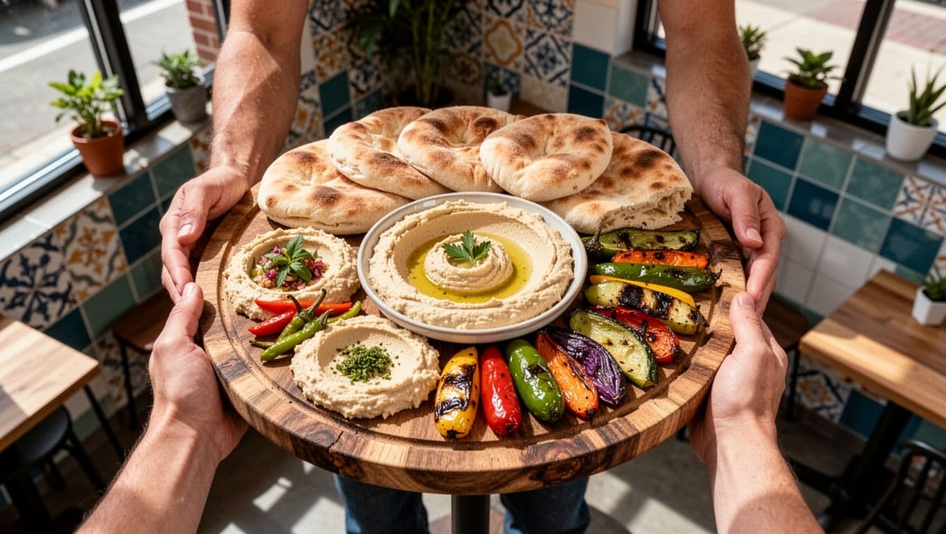 Lebanese mezze platter with hummus, pita, and grilled veggies in vibrant Birmingham cafe, under bold 'Global Flavors' green headline band.