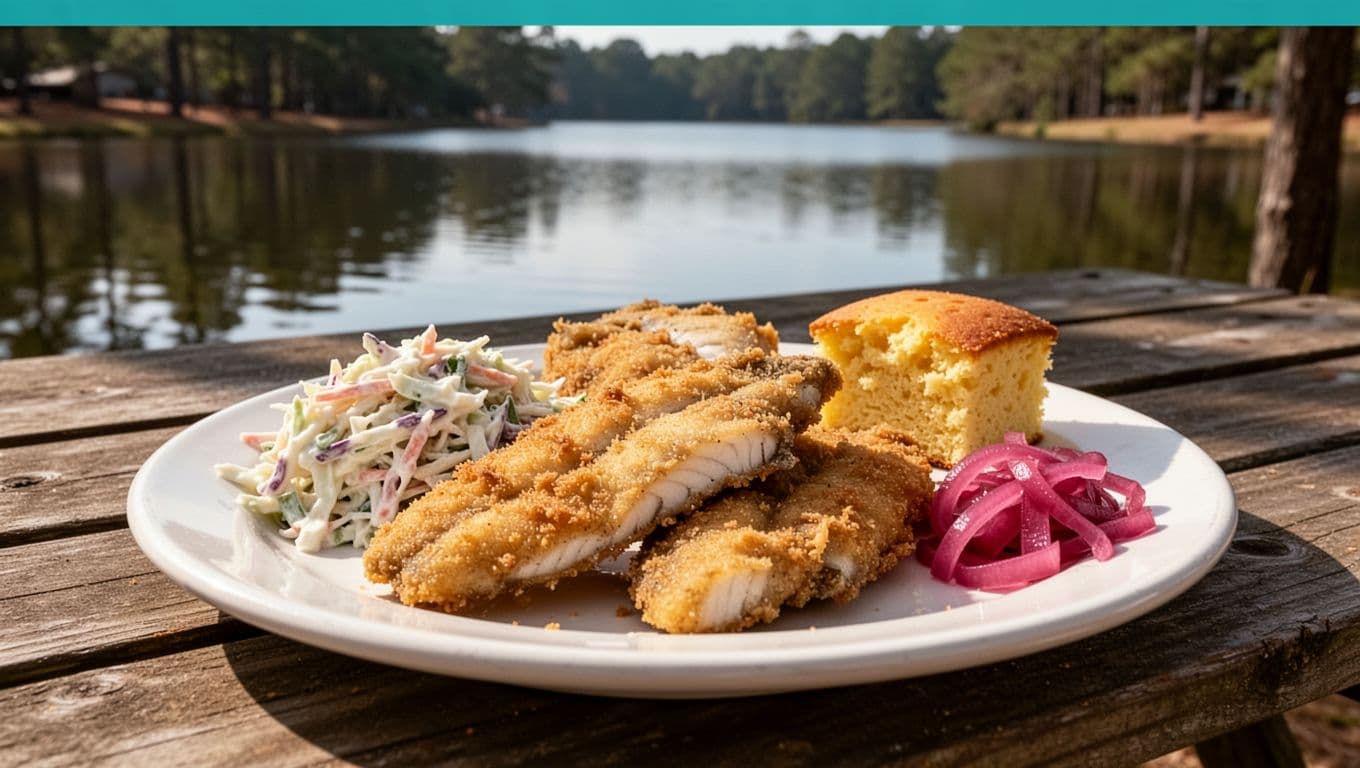 Golden-fried fresh catfish fillets on a white plate with coleslaw, cornbread, and pickled onions at an Alabama lakeside picnic table.