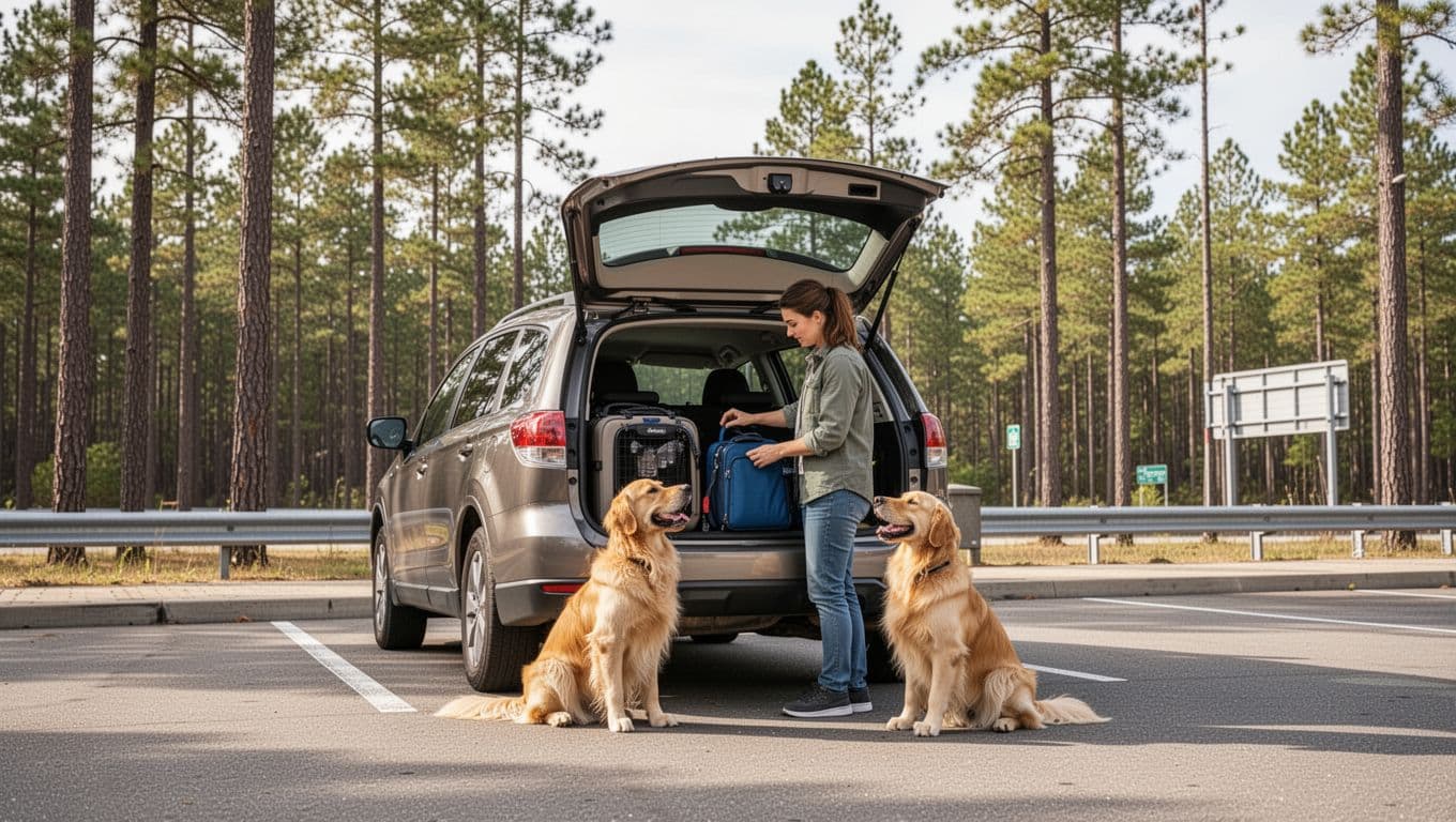 Golden retriever and owner loading pet gear into SUV trunk at Alabama highway rest area with pine trees and I-65 sign in background. Wide landscape composition in bold editorial style with natural daylight and top #22C55E color band featuring 'Trip Ready' headline.