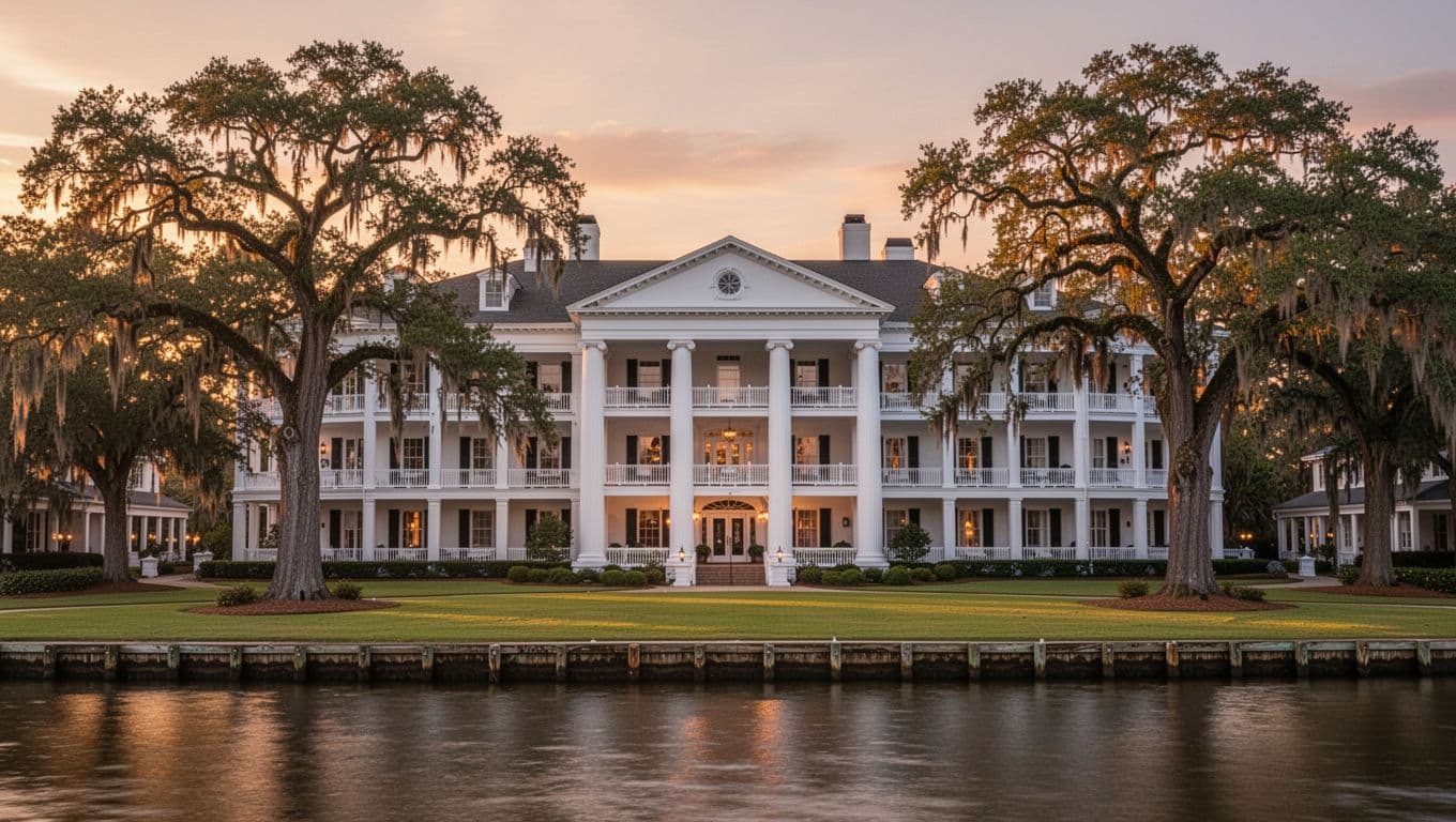 White-columned Grand Hotel facade at dusk on bayfront with oaks, lawns, and balcony rooms, green banner with 'GRAND HOTEL'.
