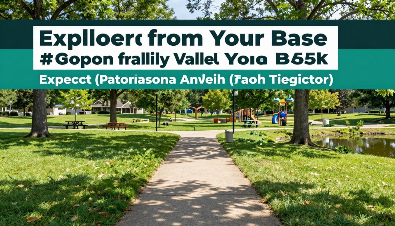 A realistic daytime photo of serene Grayson Valley Park in Alabama, showcasing central walking paths through lush green grass and trees, with picnic tables, a playground, and small pond in the background under bright sunlight with soft shadows and no people present.