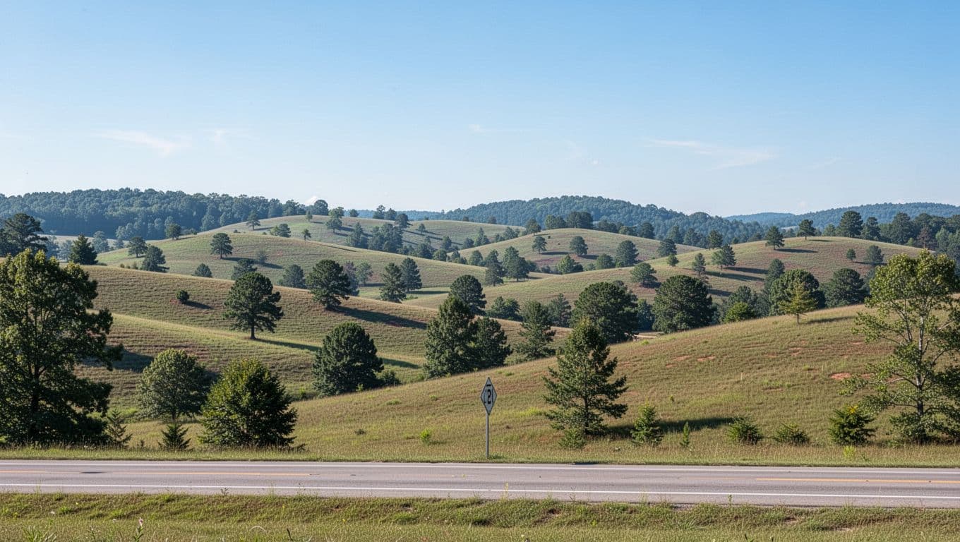 Scenic daytime view of Jefferson County Alabama countryside near Graysville, featuring rolling hills, trees, and an I-65 highway sign under a clear sky. Bold 'Nearby Attractions' headline in a green edge-to-edge band at the top, with vibrant natural lighting and wide landscape composition.