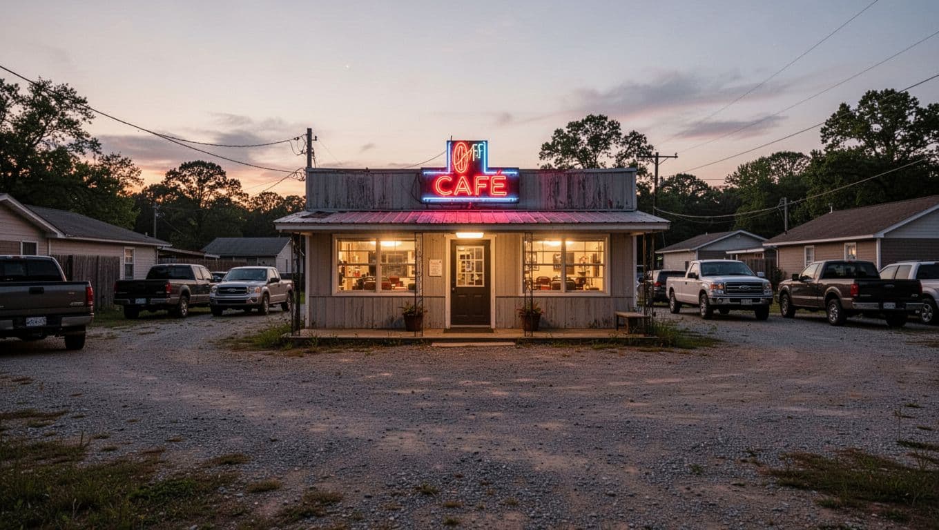 Exterior of small-town Alabama cafe at dusk with blurred neon sign, gravel lot, trucks, and warm window lights.