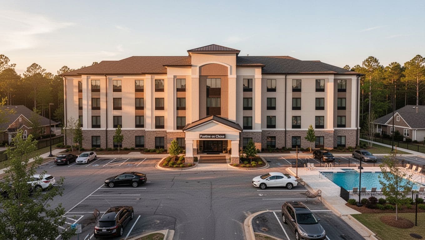 Modern hotel exterior in Alabama suburb during golden hour with clean parking lot, inviting entrance, sign, and nearby pool; branded with bold 'Graysville Stays' headline on green band, no people.