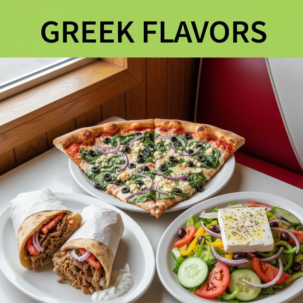 Overhead view of Greek pizza slice, gyro sandwich, and salad on white plates in cozy diner under green 'Greek Flavors' banner.