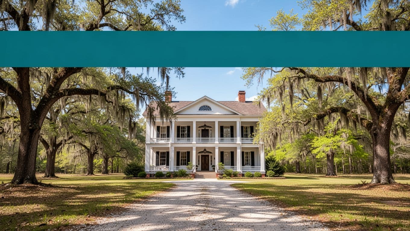 A branded editorial image with a top green band displaying 'Greene County Sights' over an Antebellum mansion exterior like Everhope Plantation in rural Alabama, featuring oak trees draped in Spanish moss, gravel drive, spring greenery, and blue sky.