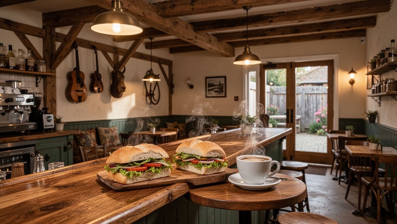 Cozy coffee pub with wooden bar, two sandwiches, one coffee cup, rustic beams, pendant lamps, courtyard door, under green headline band.