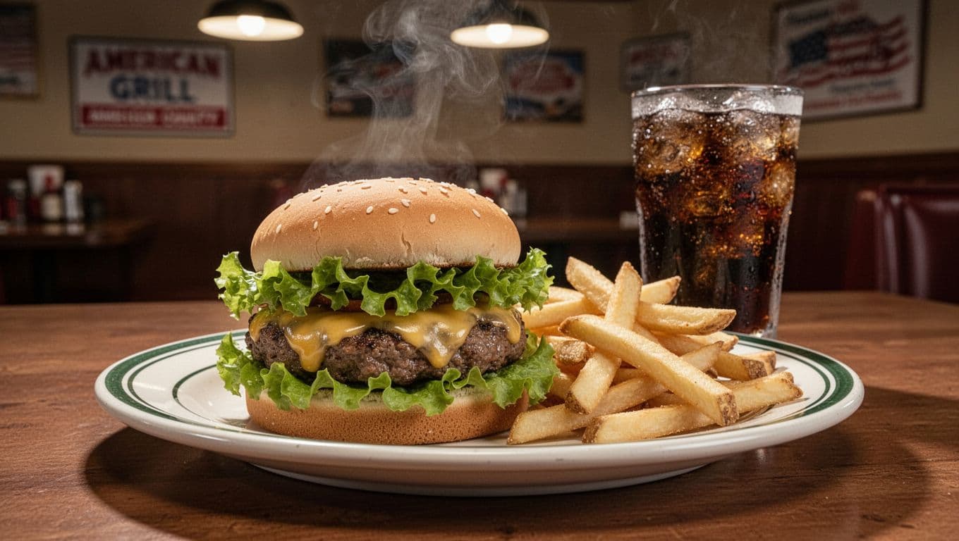 Steaming burger, fries, and drink on diner plate with green top banner reading Grille Favorite.
