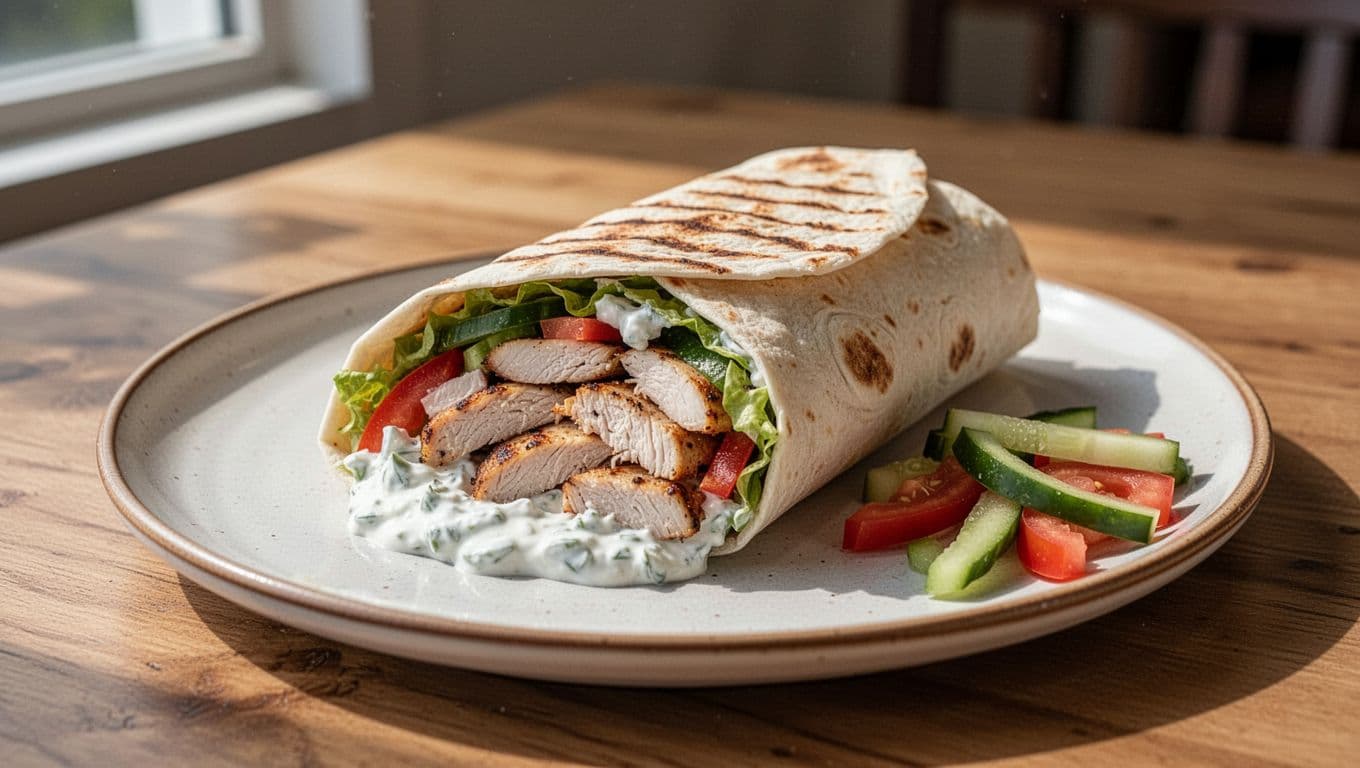 Cut-open grilled chicken shawarma wrap with veggies and tzatziki on plate atop wooden table under green GRILL CHOICE band.
