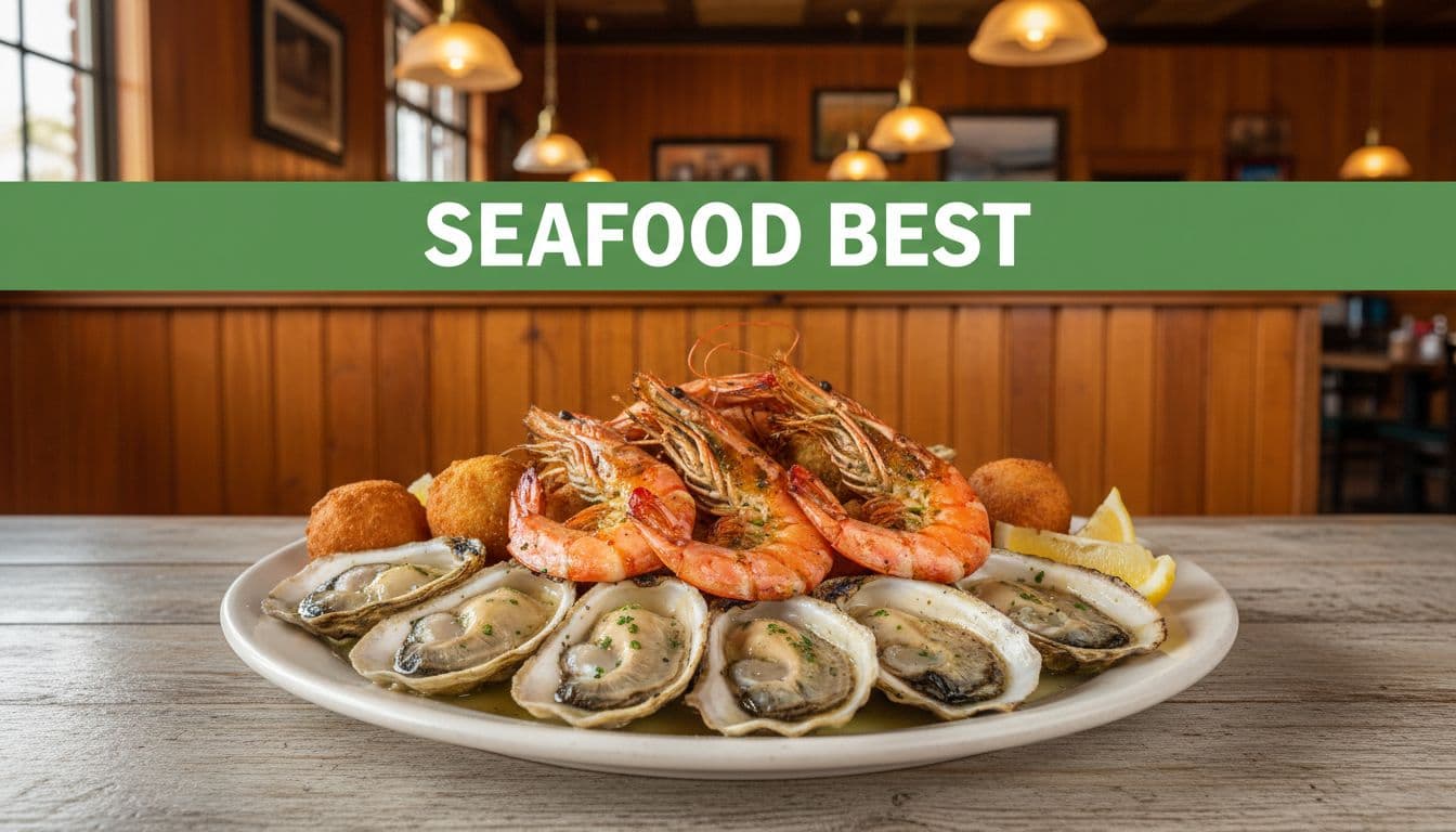 Plate of grilled oysters, shrimp, and hushpuppies on wooden table in wood-paneled Alabama restaurant under green 'SEAFOOD BEST' band.