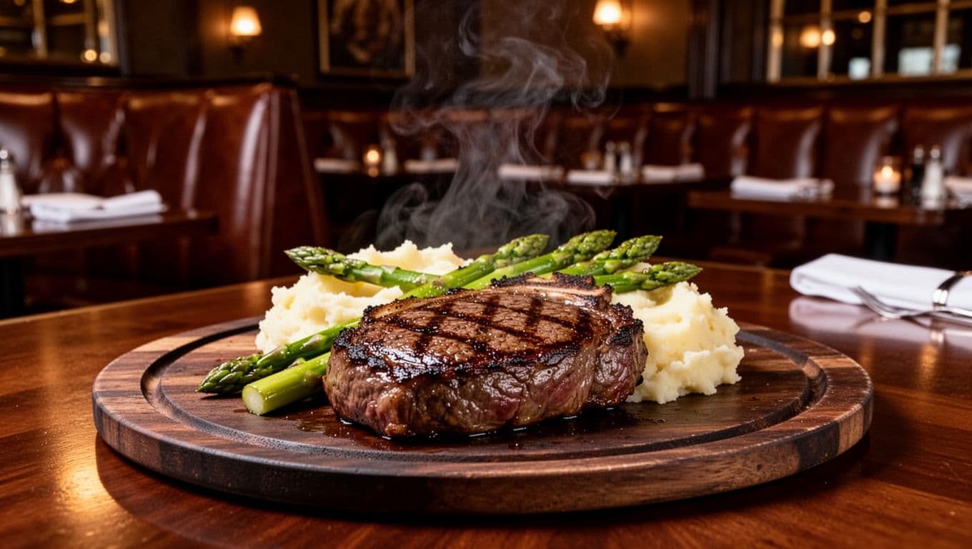 Grilled ribeye steak with asparagus and mashed potatoes on dark wooden plate in dim upscale steakhouse, steam rising.