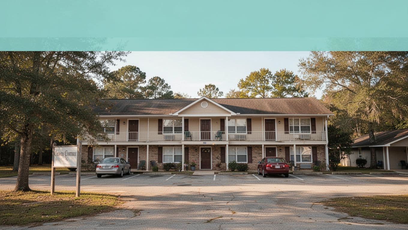 Green band with 'Grove Hill Hotels' above two-story rural motel exterior, parking lot, two cars, signboard, trees, sunny afternoon.