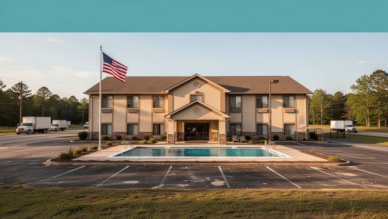 Photorealistic exterior of Holiday Inn Guin hotel on a highway in rural Alabama, featuring the building facade, parking lot with distant trucks, seasonal outdoor pool area, and American flag under a clear daytime sky with warm natural lighting.