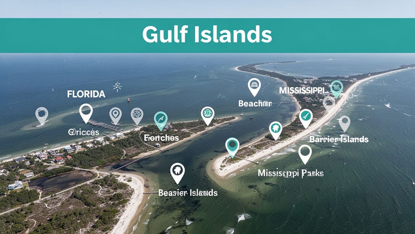 Aerial perspective map of Gulf Islands featuring Florida and Mississippi barrier islands, beaches, and parks, with a bold 'Key Areas' headline band.