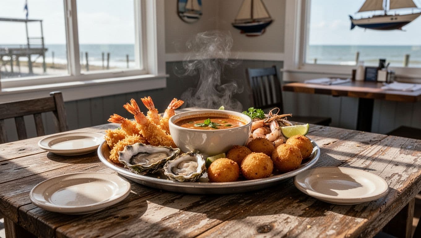 Seafood platter with fried shrimp, oysters, gumbo, hushpuppies on wooden table in nautical Alabama restaurant with bay window.
