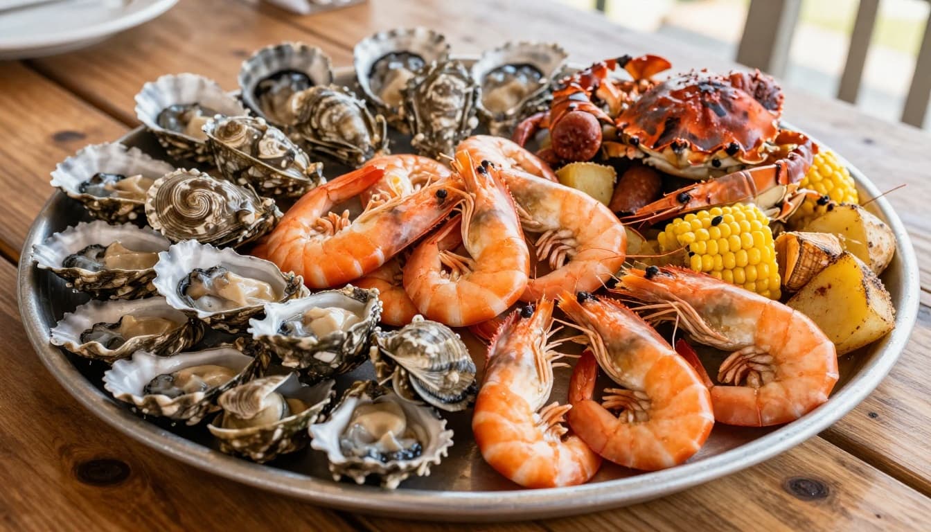 Steaming platter of shrimp, crab, oysters, corn, potatoes, and sausage on wooden table.