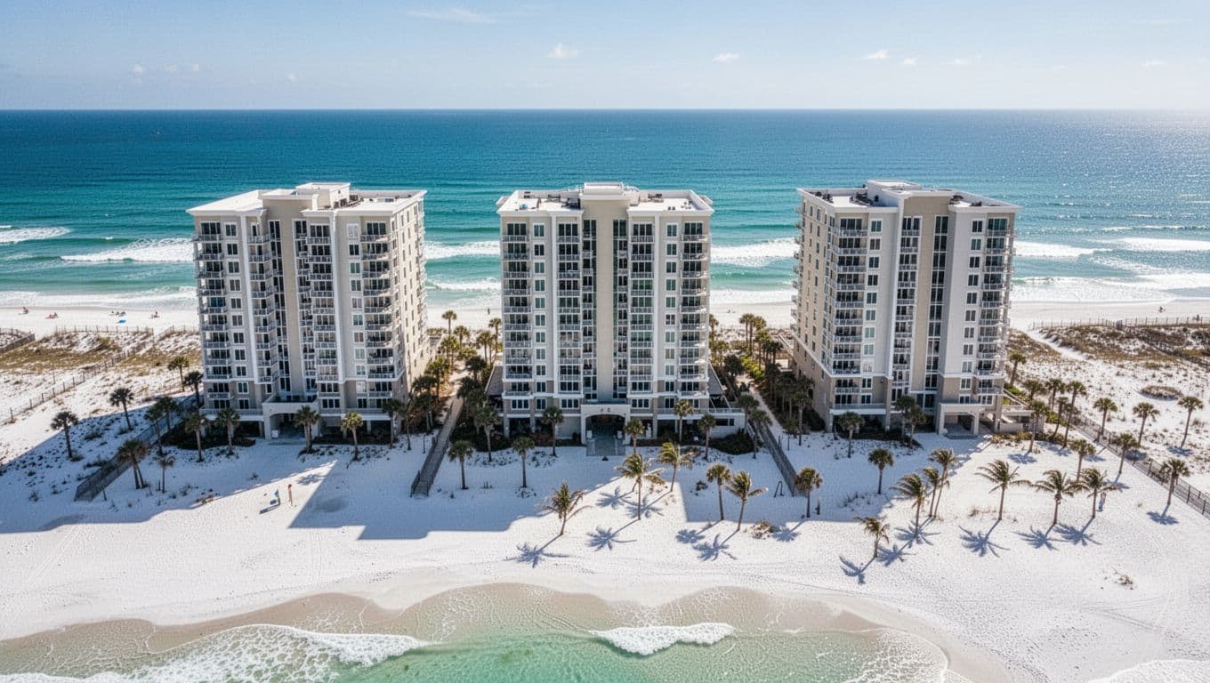 Photorealistic aerial view of three modern beachfront hotels along white sand Gulf Shores beach, with turquoise ocean waves, palm trees, and sunny midday light.
