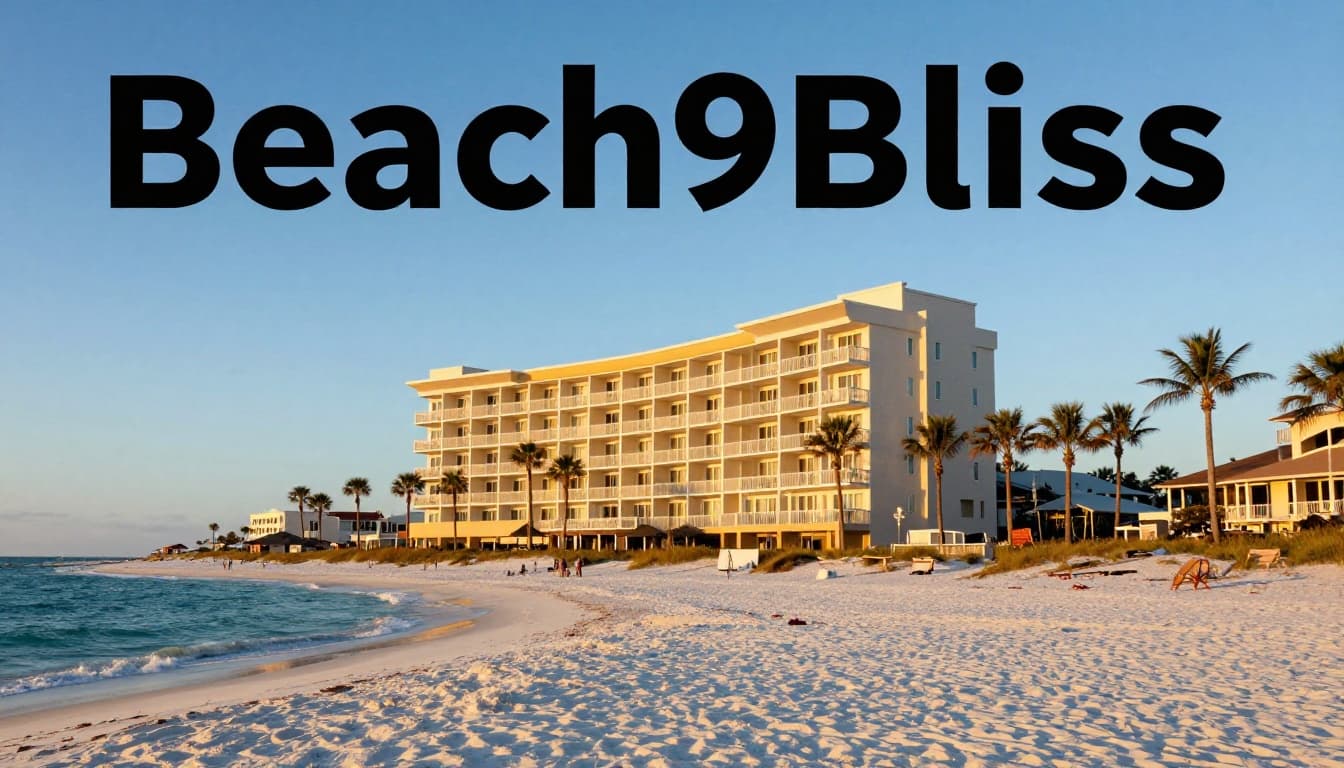 Realistic photo of a modern Gulf Shores beachfront hotel exterior at sunset, with white sandy beach, ocean waves, palm trees, balconies, and warm golden lighting under a clear blue sky. Features a high-contrast green headline band at the top with 'Beachfront Bliss' in bold geometric sans-serif font.
