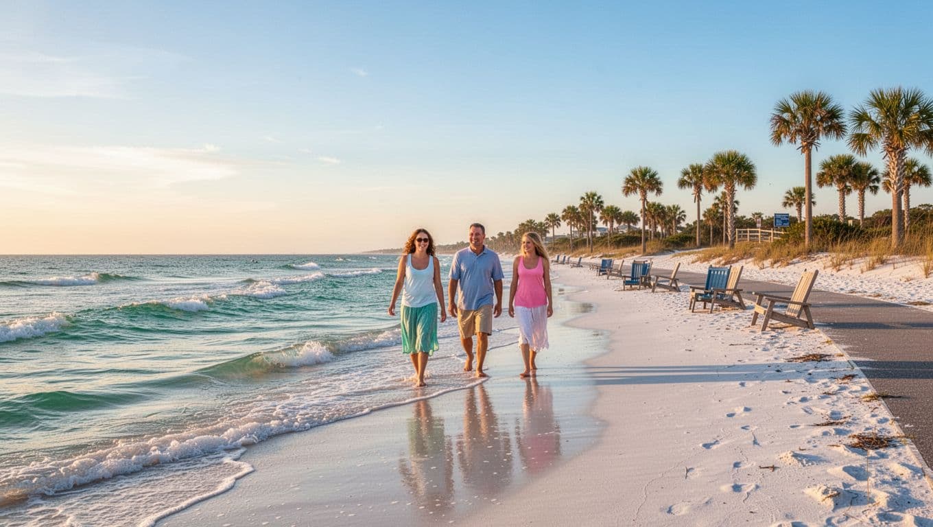 Serene Gulf Shores beach at sunrise with turquoise waves lapping white sand, palm trees, Gulf State Park trail, and one family walking with beach chairs. Bold 'Beachfront Hotels' headline in green band at top.