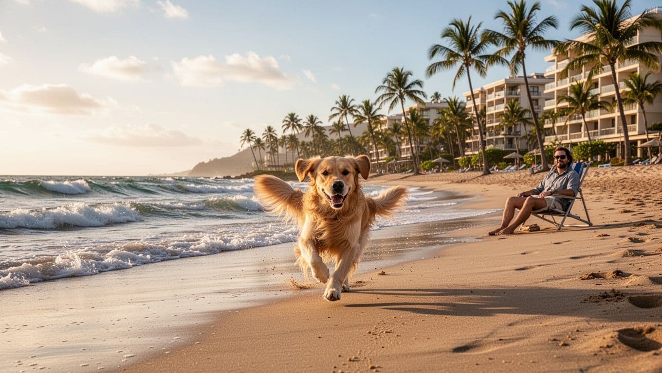 Joyful dog running on sandy beach near Gulf Shores hotel with ocean waves, palm trees, and owner relaxing in distance, in vibrant golden hour lighting.