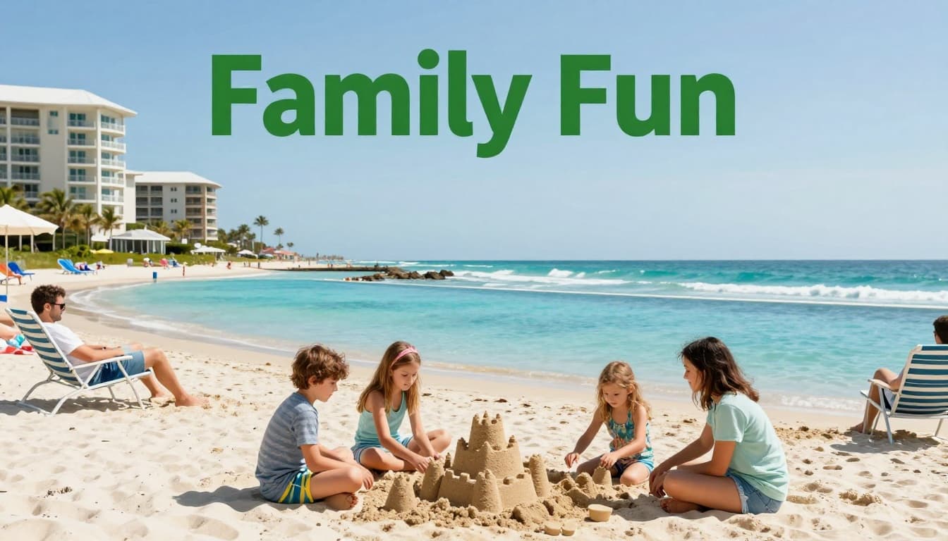 A family of four enjoys a sunny day on Gulf Shores beach near their hotel's infinity pool, with kids building a sandcastle and parents relaxing in chairs.