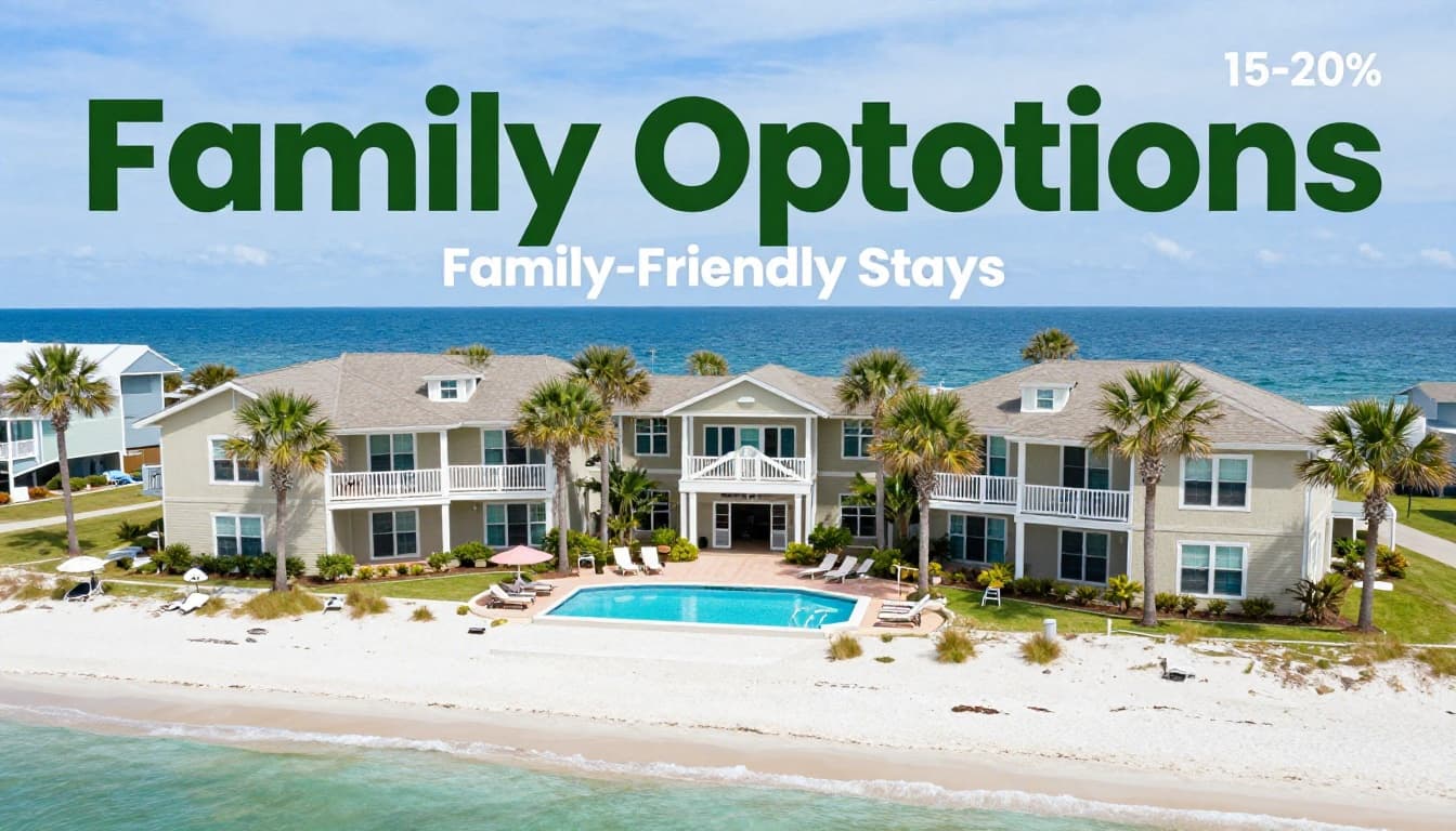 Cozy family condo complex on Gulf Shores beach with outdoor pool, palm trees, and boardwalk to white sand shore and blue waters. Relaxed vacation setting near Fort Morgan in photorealistic landscape view with soft daylight.