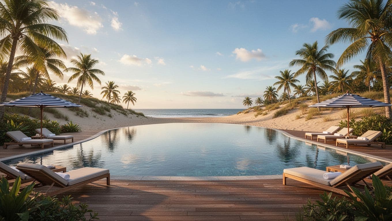 Photorealistic outdoor infinity edge pool at Gulf Shores resort with lounge chairs, umbrellas, tropical plants, overlooking beach dunes under golden hour lighting and blue sky. Branded with bold 'Pool Access' headline on green band at top, landscape view highlighting relaxing family amenities.