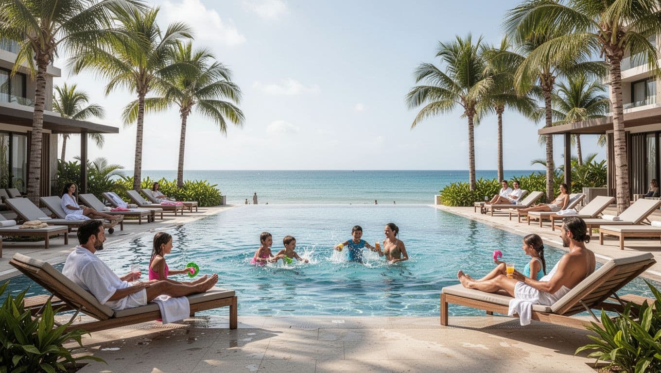 Modern hotel pool area at Gulf State Park resort with two families swimming and lounging on deck chairs amid palm trees and ocean view on a sunny day. Features bold 'Family Pools' headline in green band across the top.