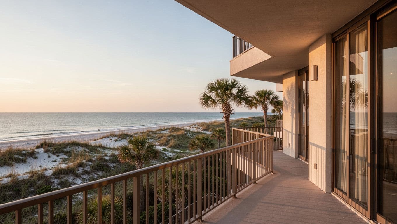Photorealistic evening golden hour landscape of a simple modern seaside hotel exterior with balcony views over calm gulf waters and barrier island dunes, near Mississippi national seashore, few palm trees, branded bold headline band.