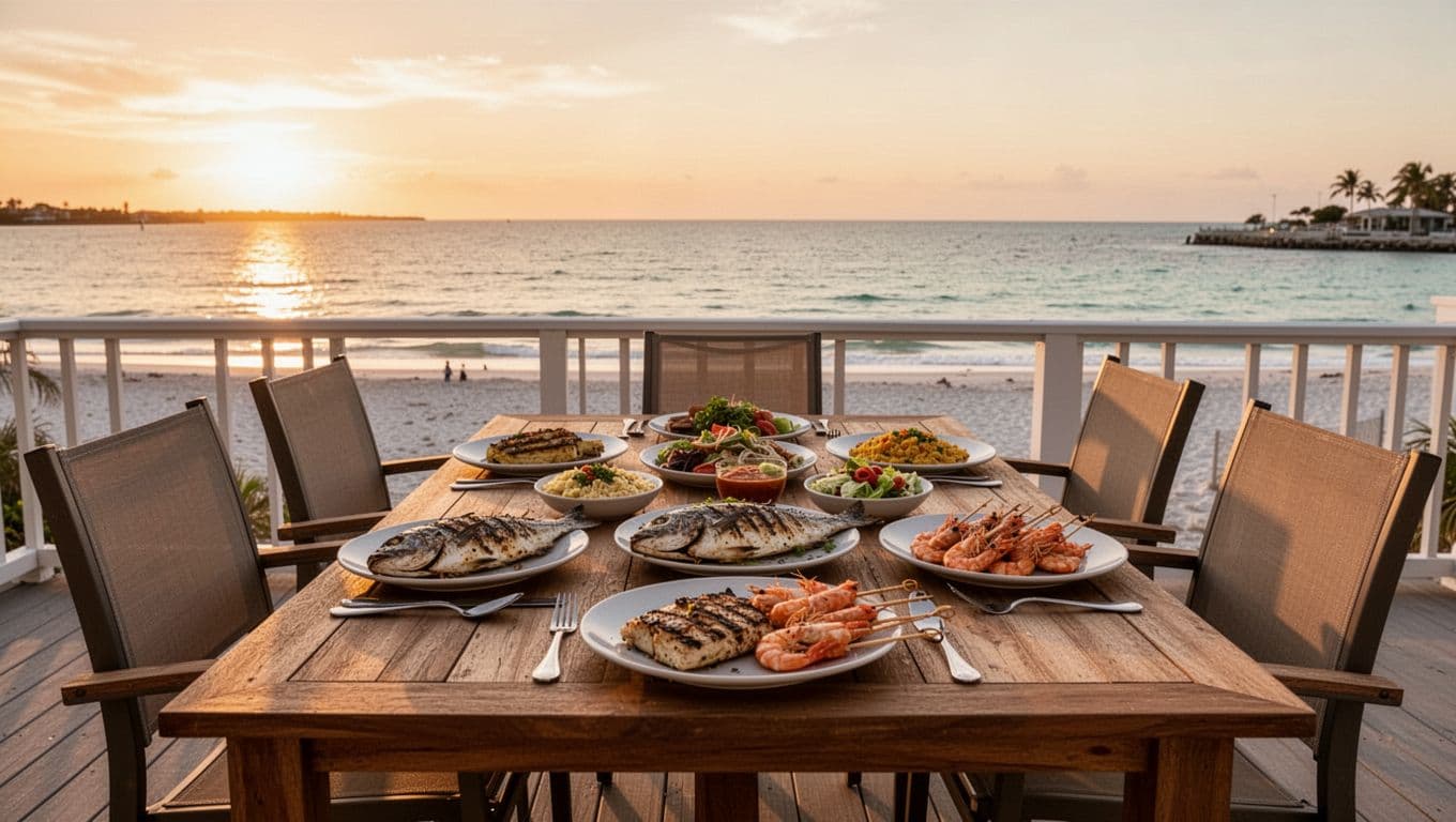 Outdoor waterfront dining scene at sunset on a wooden deck table centered with grilled fish, shrimp skewers, and sides, empty chairs, overlooking Gulf waters and beach in golden hour glow. Bold green horizontal band near top with high-contrast white 'Gulf Views' headline in geometric sans-serif font.