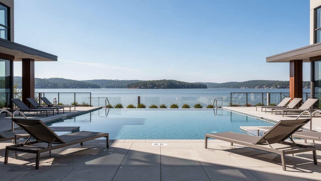 Modern empty outdoor pool at a hotel near Lake Guntersville with lounge chairs, scenic lake horizon, and clear blue sky on a sunny day. Bold 'Pool Time' headline overlays the top in high-contrast green typography.