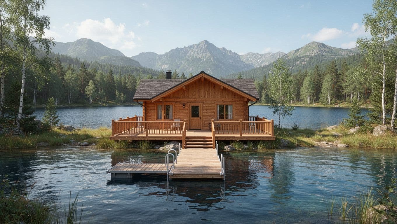 Photorealistic serene landscape of a wooden lakefront cabin on Guntersville Lake, featuring a deck and dock overlooking calm blue water, distant mountains, and forested shores under bright daylight. Branded top green band with bold 'Lake Stays' headline.